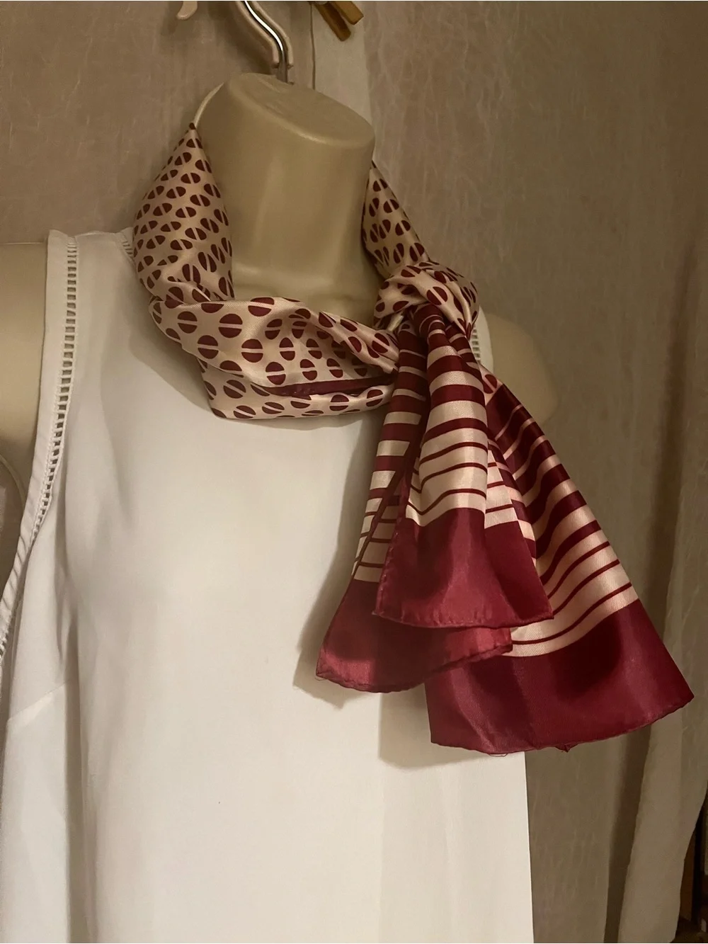 Elegant Burgundy and Cream Patterned Silk-Feel Scarf